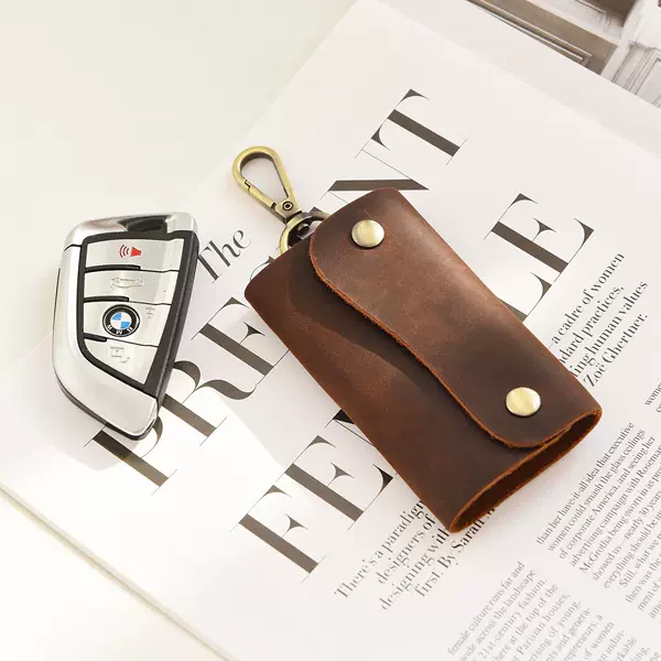 Men's Retro Handmade Genuine Leather Key Case, Crazy Horse Top-Grain Leather Buckle Key Pouch, Large Capacity, Multifunctional, Wholesale