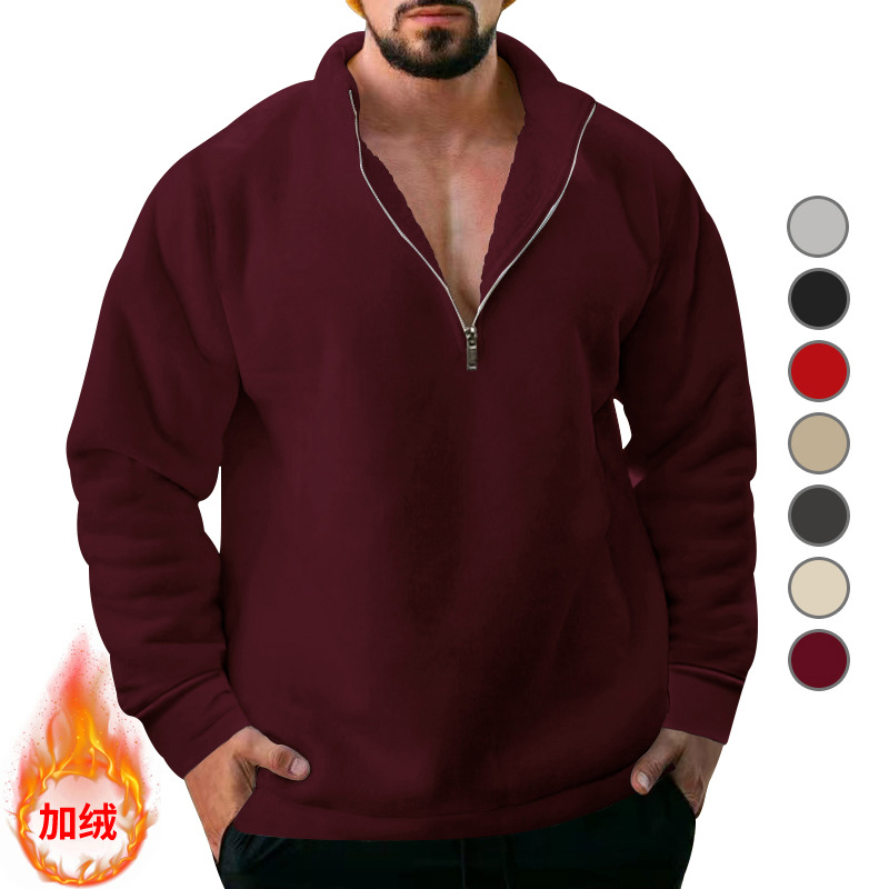 Sudadera de terciopelo para hombre, estilo informal, holgada, con cuello alto, media cremallera, color sólido, para otoño e invierno, de Amazon, transfronteriza.