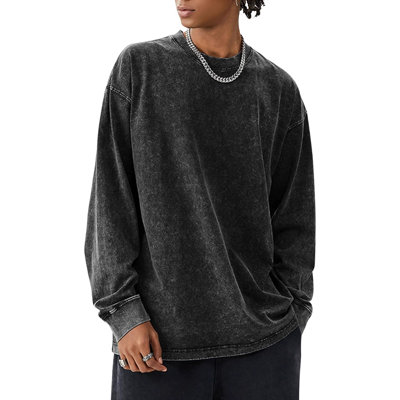 Мужская футболка с длинным рукавом в американском стиле 2025, модный бренд, свободная универсальная базовая рубашка в стиле ретро, ​​топ в стиле ретро.