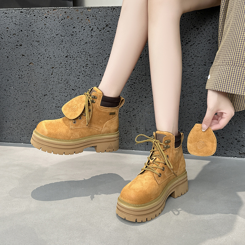 Two-Way Wear Thick-Soled Martin Boots for Women, British Style Casual Short Boots with Detachable Tongue, Height-Increasing Women's Boots, Outdoor Yellow Boots