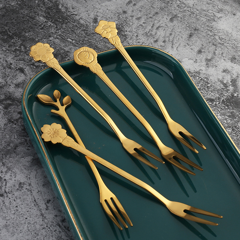 Q不锈钢创意水果叉两齿叉子甜品叉家用水果签蛋糕叉 花朵树叶叉子