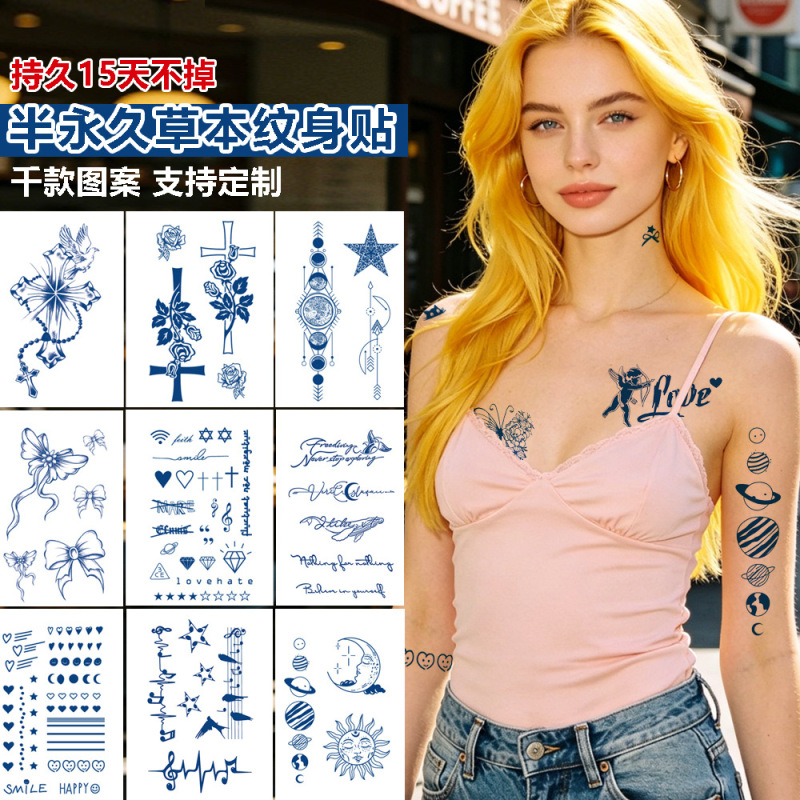 Herbal Tattoo Stickers Semi-Permanent Waterproof Clavicle Wrist Lettering Ins Style Small Pattern Plant Juice Tattoo Stickers