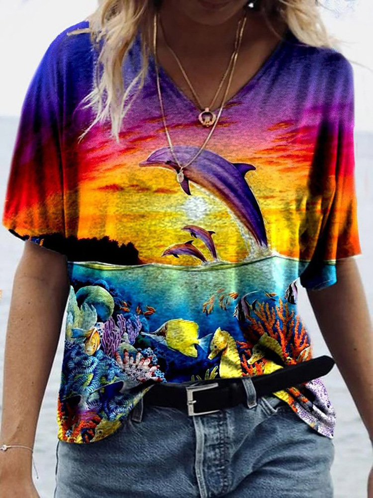 现货欧美跨境新款亚马逊wish速卖通海洋动物印花短袖T恤女上衣夏