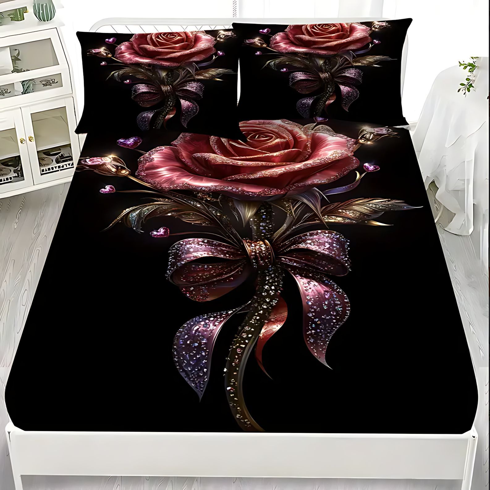 TEMU / JIT serie de rosa dorada negra impresión digital HD cama camisa colchón conjunto de dibujo se puede ajustar