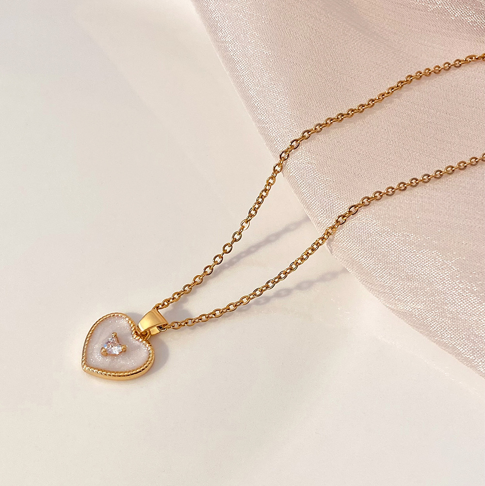 Fashion Heart Shape Copper Necklace Inlay Shell Zircon Copper Necklaces