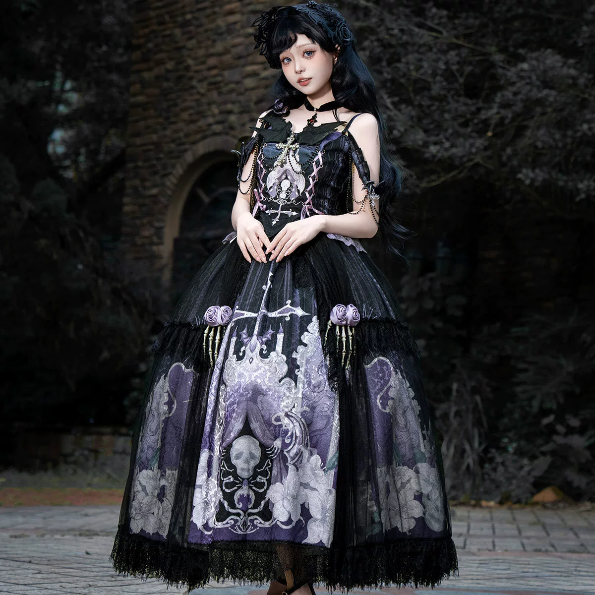 Оригинальный комплект Xiong Doujiang: топ и юбка в стиле Лолита «Скелет-Призрак», повседневный милый и нежный наряд, модель 7337