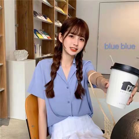 春装学院风复古韩版职业西装领翻学生夏季短袖衬衫女纯色上衣|undefined