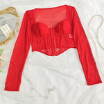 欧美行款性感蕾丝网纱方领长袖t恤女辣妹风弹力修身显瘦短款上衣