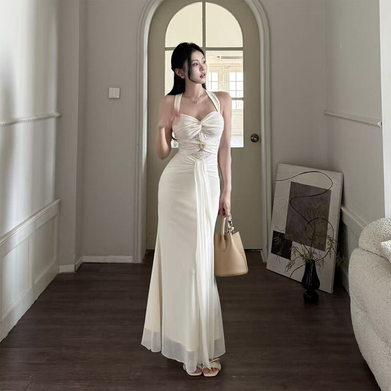French-Style Light Luxury Vacation Halter-Neck Dress for Women, White Lace Mesh Long Dress, Birthday Gown, Elegant Ladylike Dress