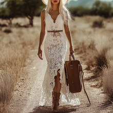 跨境欧美夏季女式复古波西米亚白色蕾丝无袖长裙性感透视连衣裙