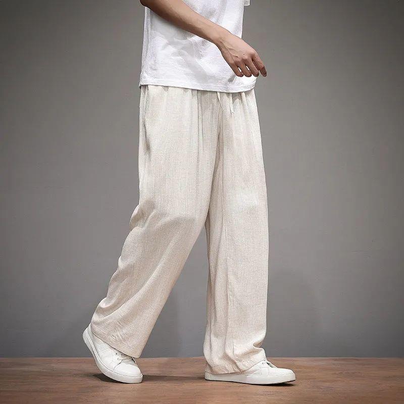 Pantalones casuales pantalones de lino finos de verano para hombres pantalones de trapeador rectos drapeados pantalones de lino de algodón suelto de tendencia de estilo chino