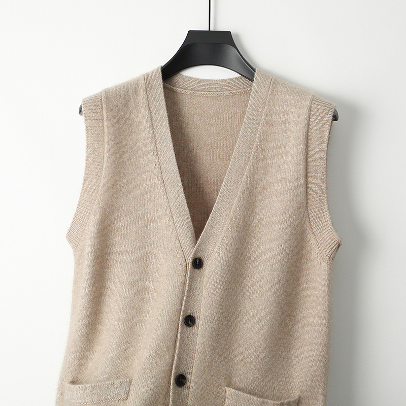 秋冬季100纯羊毛背心男士中老年爸爸装无袖坎肩v领羊毛衫马甲开衫