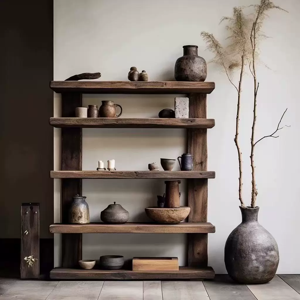 侘寂风实木博古架落地茶架置物架收纳架子书架老榆木家具隔断架子