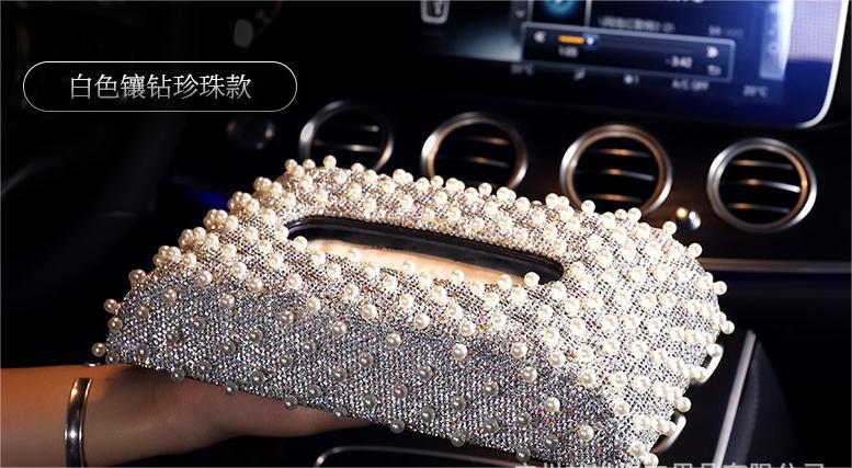 Diamond-studded pearl car napkin holder, car accessories tissue box cover, cute Korean-style car tissue box for women, seat-mounted