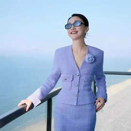 高端品质周迅同款浅紫色粗花呢小香风套装裙名媛时尚V领秋冬新款