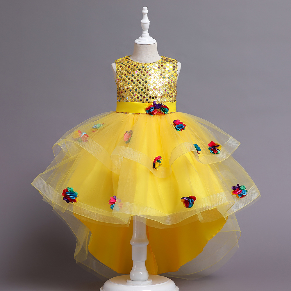 2022 europeos y americanos nuevos niños princesa vestido niñas malla flor chaleco trailing vestido piano rendimiento ropa
