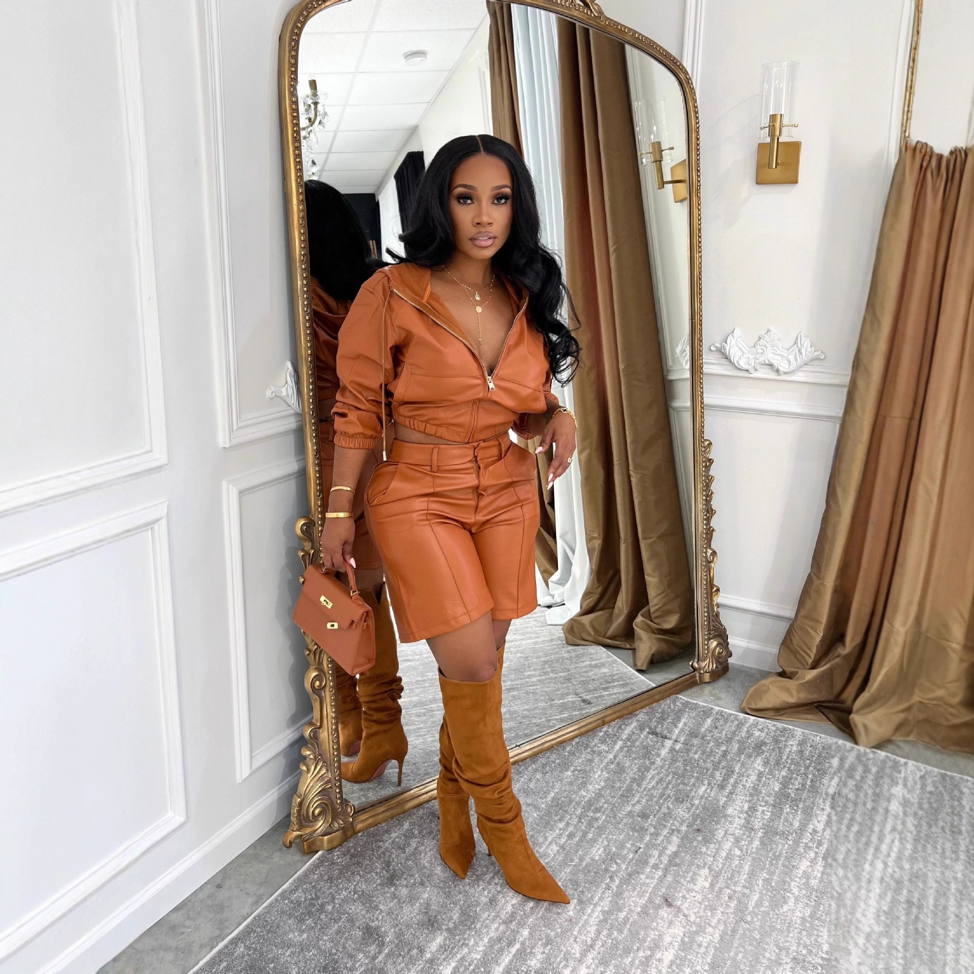 Ol6195 New Cross-Border European and American Clothing Leather Hooded Tops, Jackets, Shorts, Pu Suits, Two Pieces