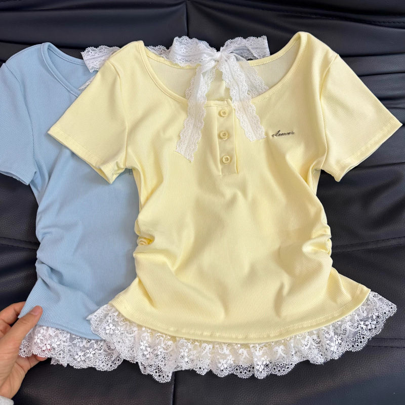 Modal 260g Short-Sleeve Cute Trendy T-Shirt Summer 2025 New Lace Halter Neck Short Round Neck Top Women's Clothing
