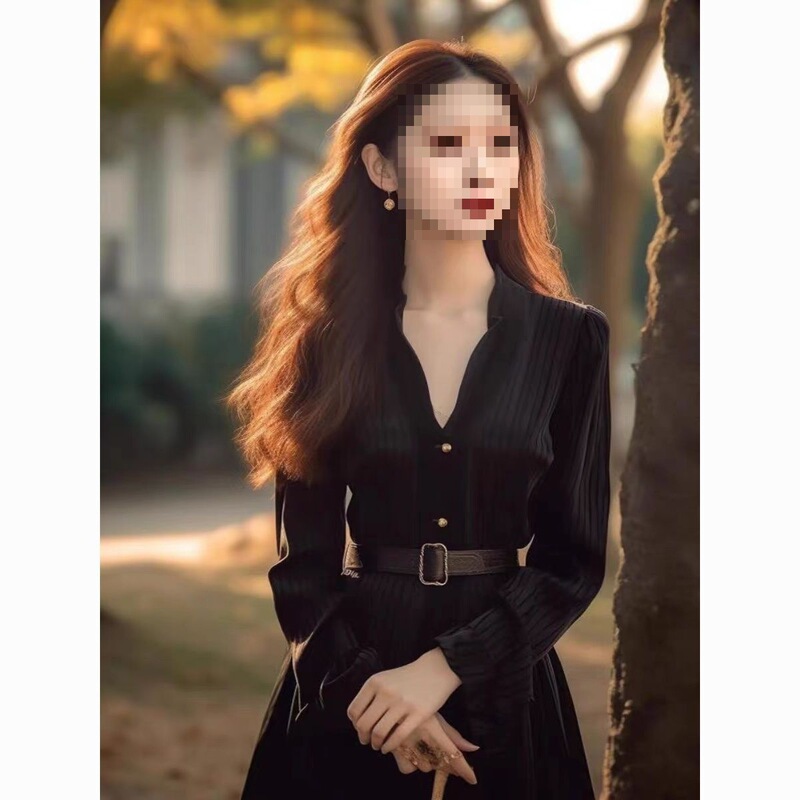Strong Aura Women's Autumn and Winter Style Formal Occasion Black Long-Sleeved Waist Velvet Dress