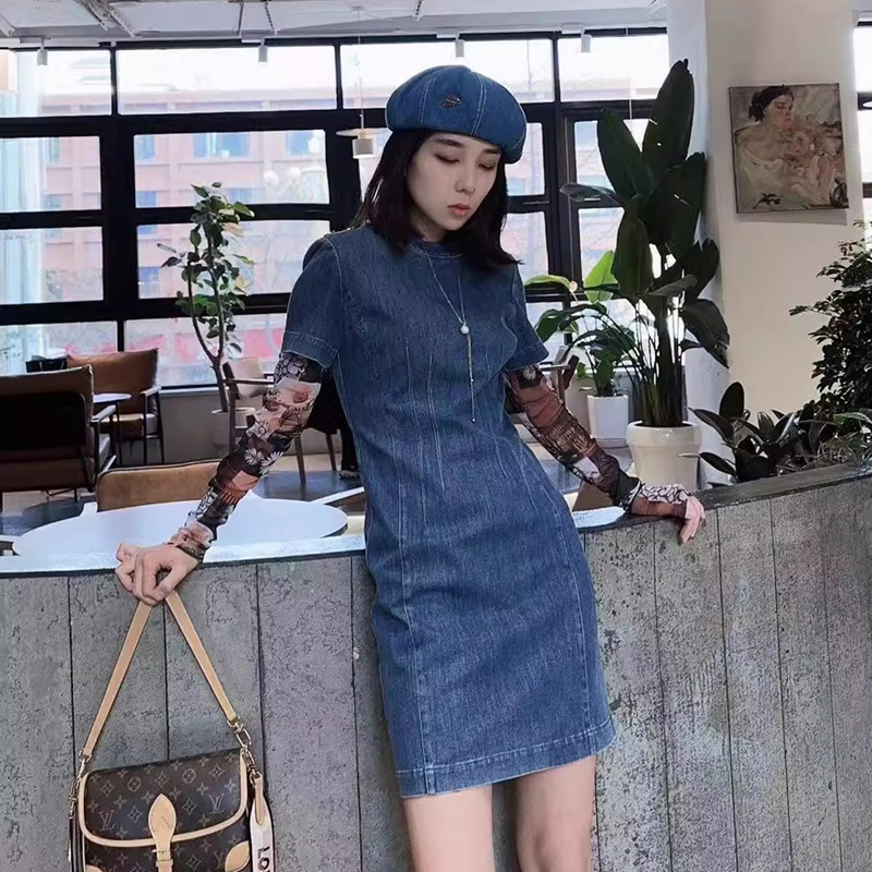 Váy liền denim tay ngắn cổ tròn ôm sát màu trơn — Màu xanh lam chi tiết 6
