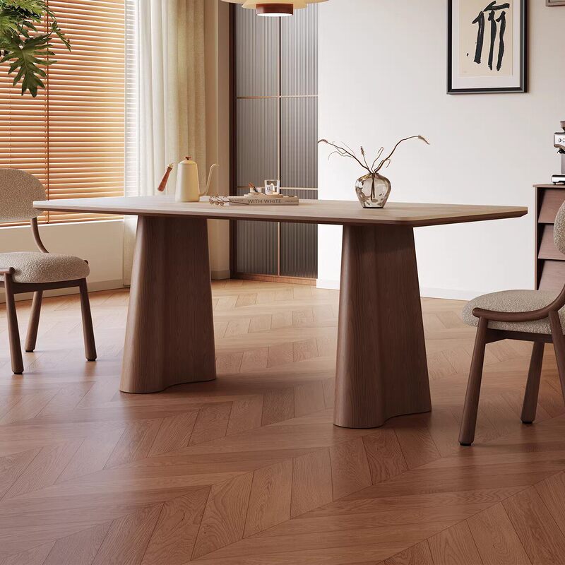 Rectangular Travertine Stone Dining Table in Mid-Century Style, High-End Walnut Color Solid Wood Stone Dining Table and Chair Set for Home Use Rectangular Travertine Stone Dining Table in Mid-Century Style, High-End Walnut Color Solid Wood Stone Dining Table and Chair Set for Home Use