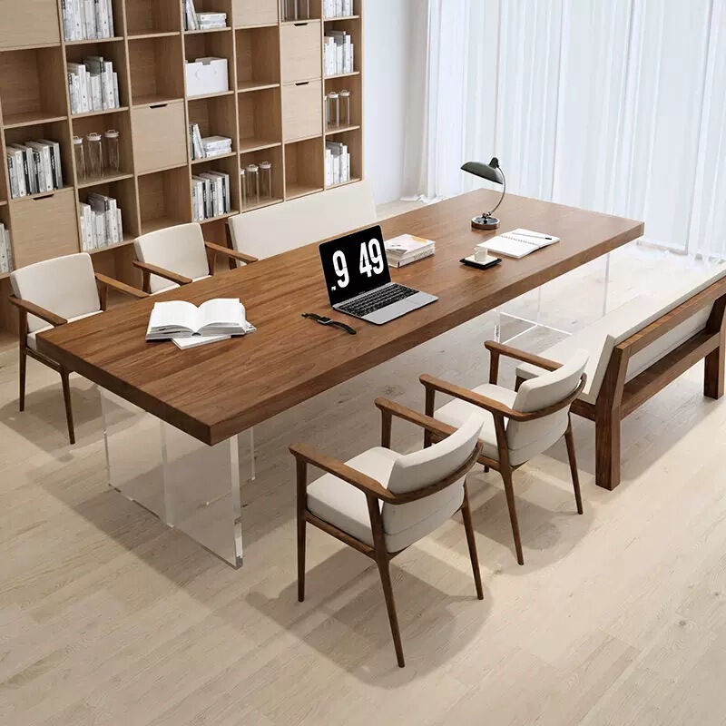 Suspended Living Room Long Desk in Walnut Color, Home Workstation in Solid Ash Wood for Study, Reading, and Office Use