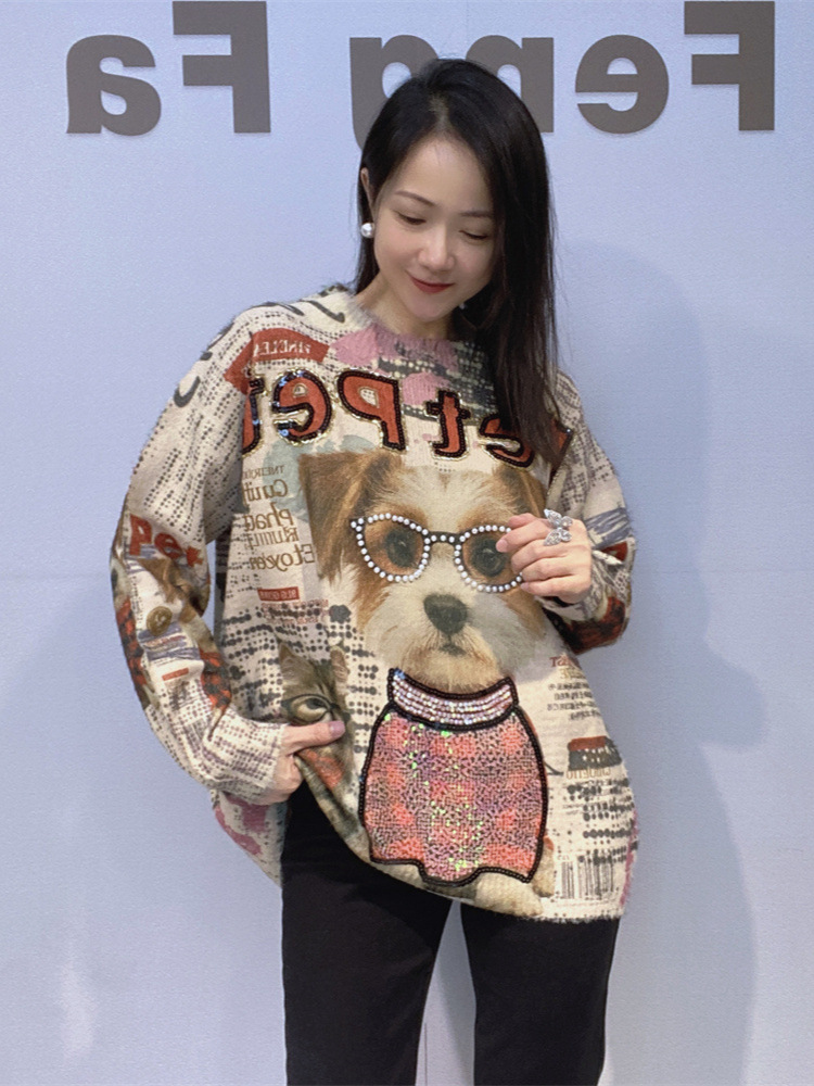 Suéter de cuello redondo de clavos pesados para mujeres 2025, otoño y invierno nuevo diseño tridimensional suelto gran chaqueta de punto