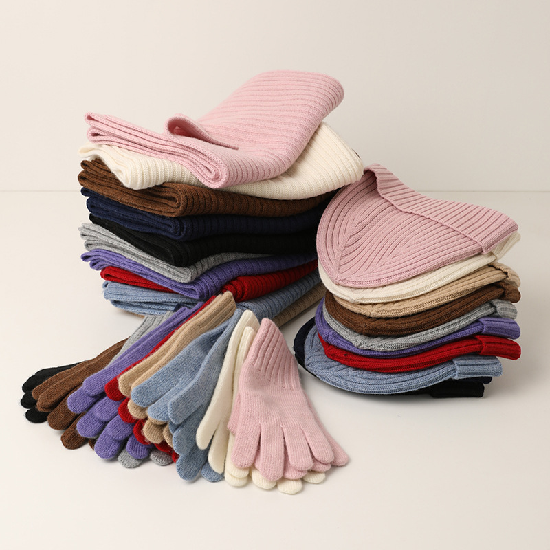 Winter Thickeneded Warm Knitted Wool Scarf Wool Hat Gloves Set Plain Color Versatile Three-Piece Set for Men and Women
