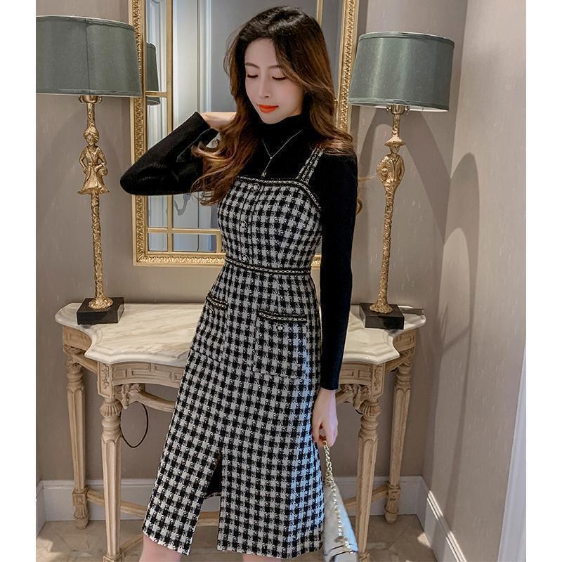 轻奢毛呢格子吊带裙两件套小香春秋气质女神范修身背带连衣裙套装|undefined