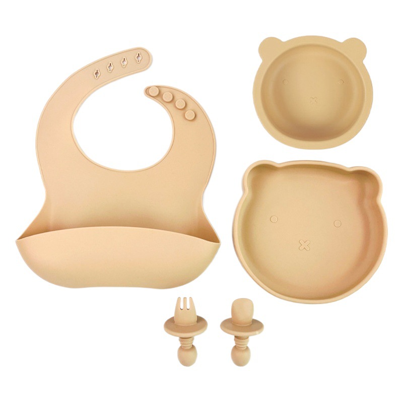 Suplemento alimenticio para bebés vajilla traje de silicona de grado alimenticio resistente a la caída resistente a altas temperaturas lindo Oso de dibujos animados vajilla conjunto de cuatro piezas
