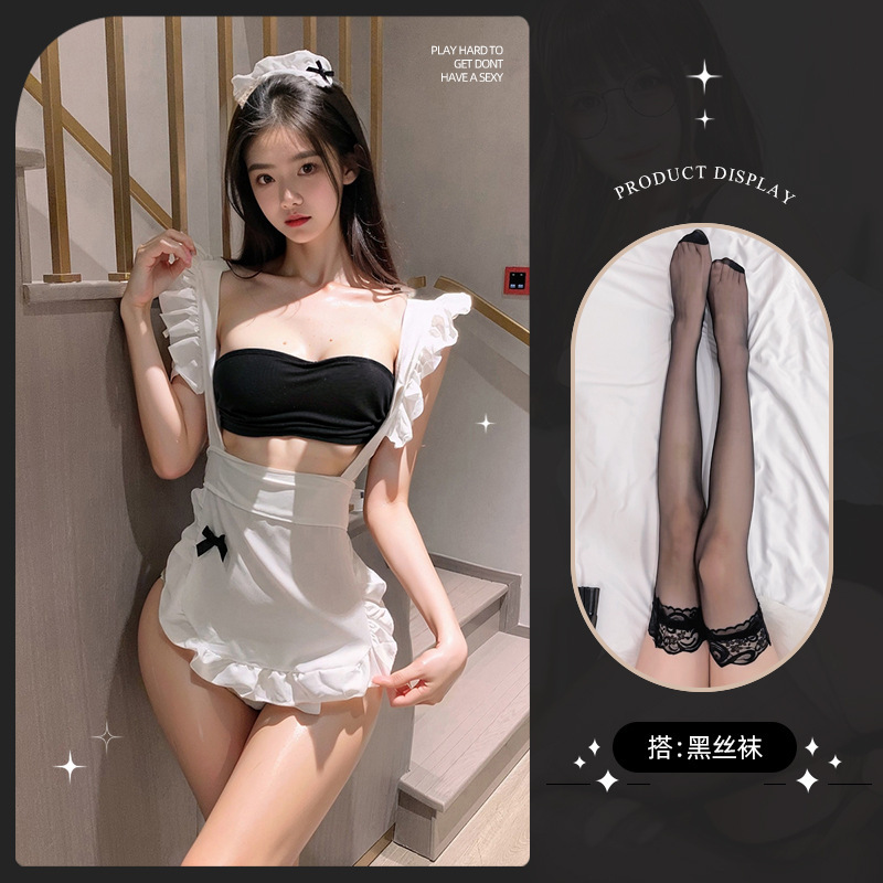 메이드복 [머리띠+긴팔탑+T바지+옷]+검은색 스타킹