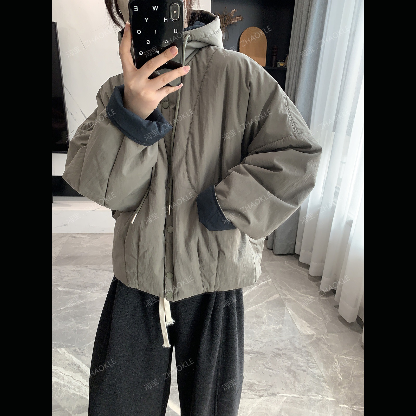 韩版复古洋气撞色棉衣2025冬季宽松连帽蝙蝠袖排扣棉服外套小个子