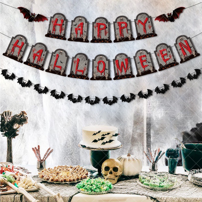 Amazon decoración de fiesta de Halloween tira banderas fantasmas festival de banderas de fondo decoración de barra tira lápides tira flores