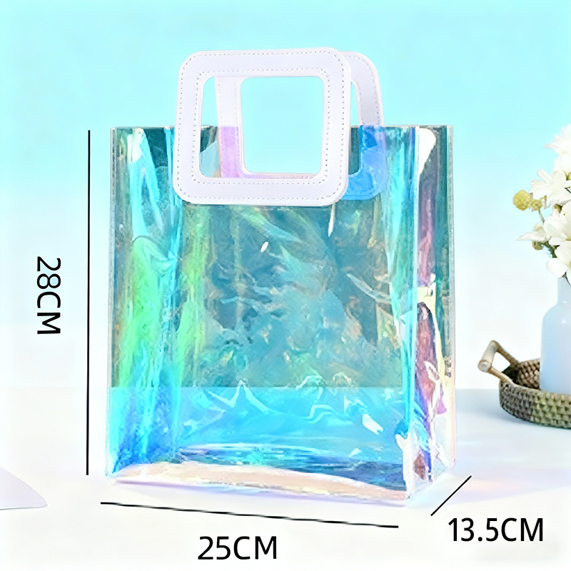 Bolso de mano holográfico transparente de plástico PVC, impreso a medida con el logotipo publicitario de la empresa, bolsa de regalo colorida hecha a medida.