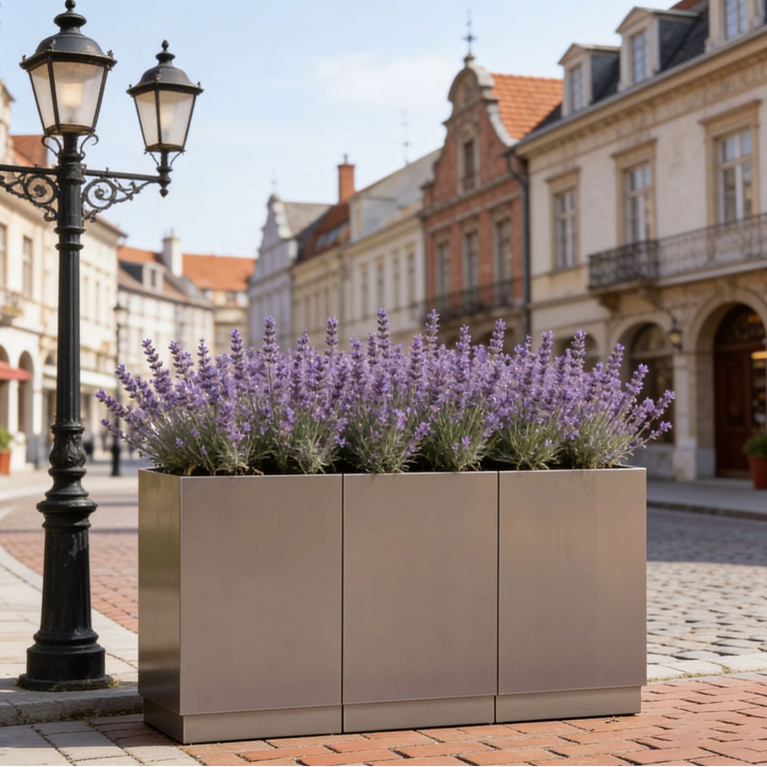 Caja de flores de acero inoxidable forjado al aire libre, sala de ventas, caja de flores de calle comercial, caja de flores de metal terminada, cerca de caja de flores