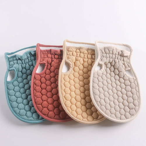 Fingerless double-sided bath towel, powerful mud and decontamination scrubbing tool, solid color honeycomb bathing gloves