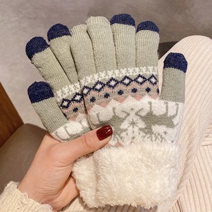 Knitted Jacquard Gloves for Women, Cute Deer Mittens, Winter Velvet Warm and Thickened Five-Finger Touch Screen Gloves