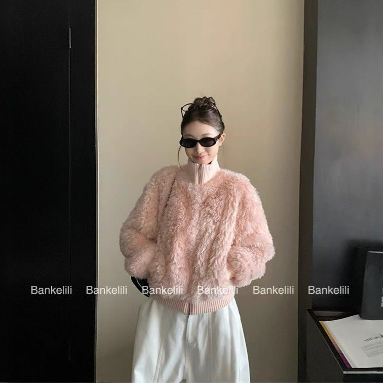 板栗可10.31/20点'绒绒奶芙'羊羔毛拼接针织罗纹宽松外套女冬季女