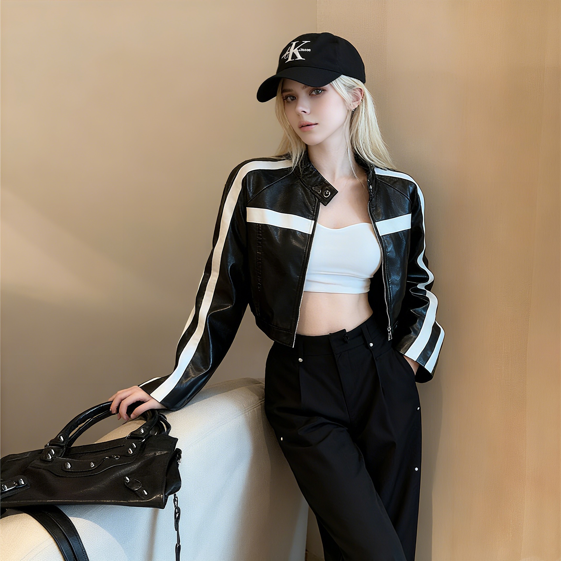 美式复古撞色条纹网红机车皮衣外套女2025秋季新款辣妹超短皮夹克