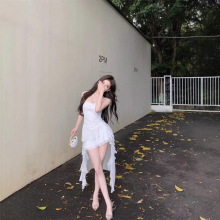 夏季修身辣妹气质纯欲风不规则网纱吊带裙前短后长连衣裙女高级感