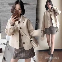 秋冬新款短款千鸟格双面羊毛呢大衣女娃娃领呢子外套宽松显瘦大码