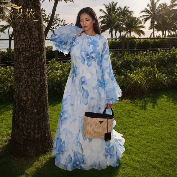 2026 Loriya Double-Layer Fabric Bell Sleeve Printed Dress LR1338