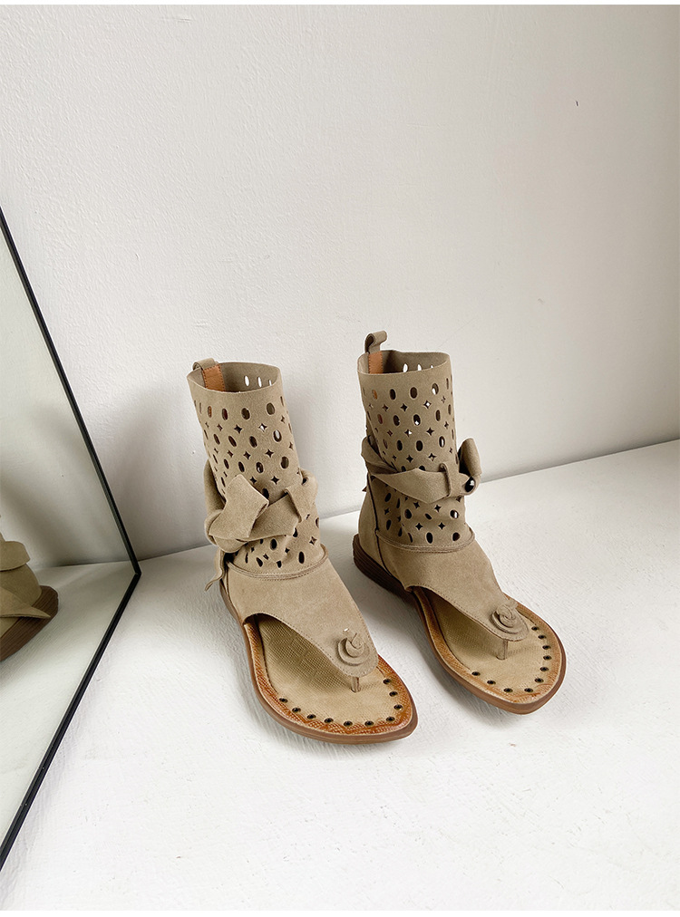 Boot cổ thấp da phong cách La Mã quai buộc xỏ ngón hở mũi — Màu caramel, màu kaki chi tiết 20