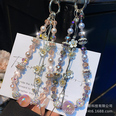 新商品の高品の花のフリンジボールの携帯チェーンの水晶の数珠の短いタイプの紐の包みのキーホルダーの女性