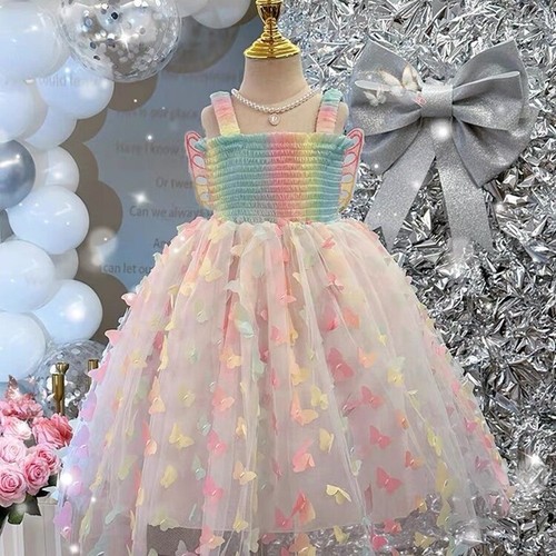 Children's summer dresses 2024 new butterfly knot princess spaghetti strap dresses for girls, rainbow dress