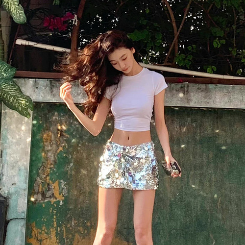 SK short sleeve women's summer slim slim T-shirt shirt top exposed navel pure to show the chest solid color base t to show the body slim