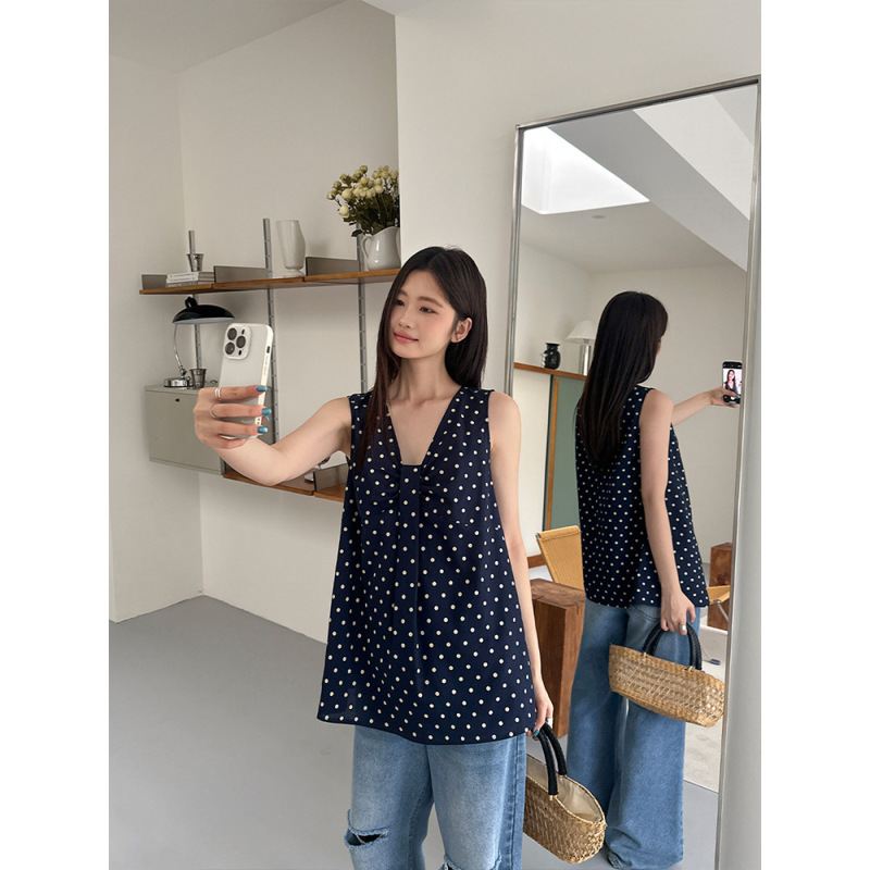 Korean-Style Retro Polka Dot Sleeveless Vest Shirt for Women, New Summer Style, Loose Fit, Slimming, Knotted Pullover Top Korean-Style Retro Polka Dot Sleeveless Vest Shirt for Women, New Summer Style, Loose Fit, Slimming, Knotted Pullover Top