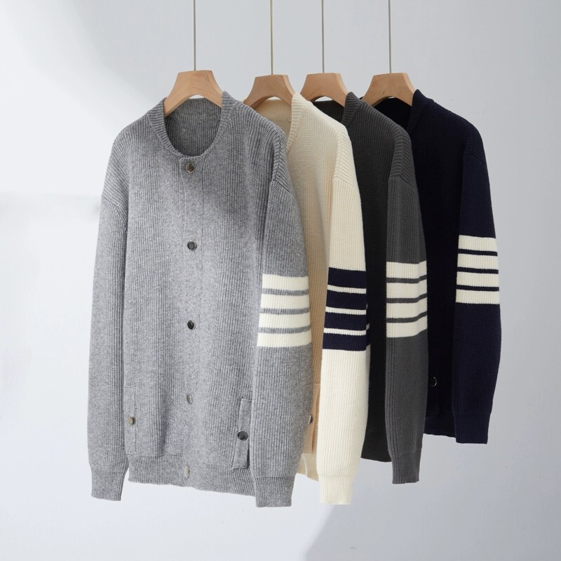 Japanese-Style Color-Block Striped Knit Cardigan Crew Neck Sweater Men's Slim Trendy Fashion Bf Style Outerwear Button Sweater