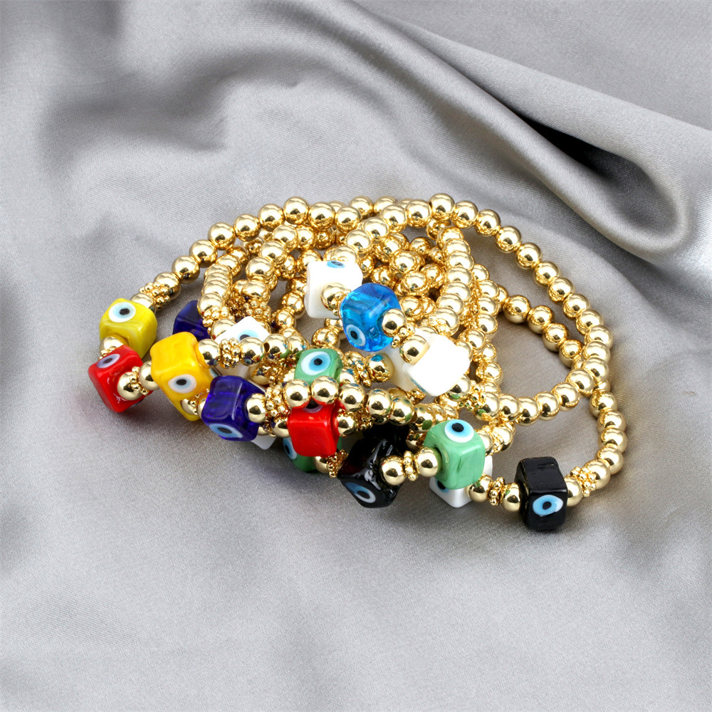 Fashion Devilu0027S Eye Square glass Copper Beaded Gold Plated Bracelets 1 Piece