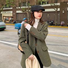 西装毛呢外套女2025秋冬新款ins潮潮女廓形洋气人字纹加厚外套女